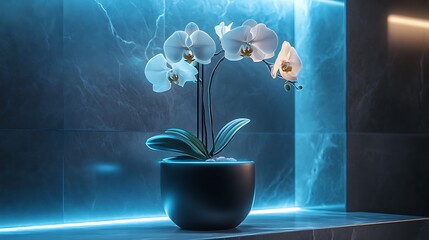 A matte black minimalist vase with internal LED lighting in soft blue, illuminating a small orchid stem, placed in a luxurious modern bathroom with marble and brushed metal accents.