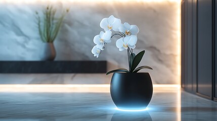 A matte black minimalist vase with internal LED lighting in soft blue, illuminating a small orchid stem, placed in a luxurious modern bathroom with marble and brushed metal accents.