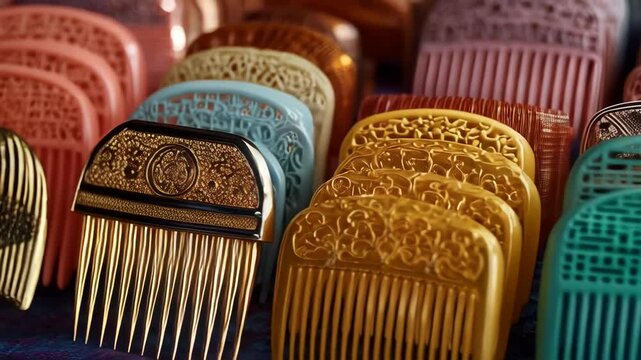 Rows of ornate combs in various colors with intricate designs lined up closely together for sale, highlighting handmade craftsmanship and traditional artistry.