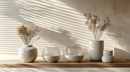 A minimalist office scene featuring stackable vases in concrete and glass textures, arranged in different heights and configurations on a walnut shelf,