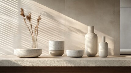 A minimalist office scene featuring stackable vases in concrete and glass textures, arranged in different heights and configurations on a walnut shelf,