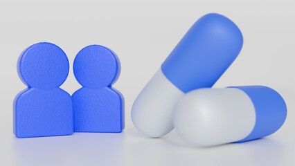 A 3d rendering of human-like figurines surrounded by numerous blue and white capsules. A relationship between people and pharmaceutical interventions.