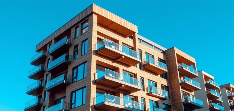 Sleek modern apartment building with wood accents, spacious balconies, clear blue sky, city, architecture photography