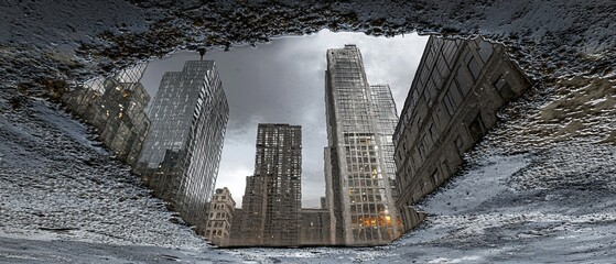 Cityscape reflected in a rain puddle offers an urban inversion perspective