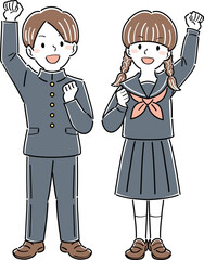 拳をあげてガッツポーズをする制服姿の男女の学生のイラスト　全身