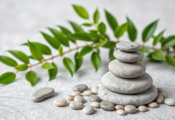 Spa stone, light gray background, green leaves, zen pebbles Copy space, peace,  stone texture
