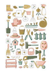 garden tools set of icons. Design of garden shop, garden centers. All objects are separated. Vector illustration.