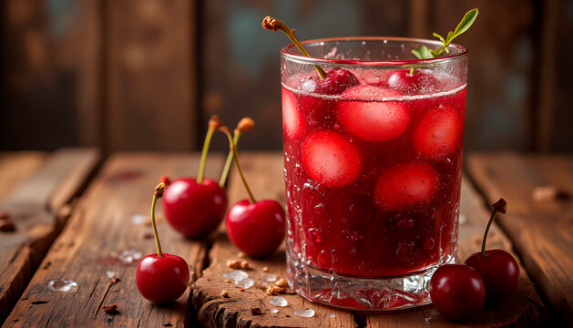 Refrescante de zumo de cereza enm vaso de cristal 