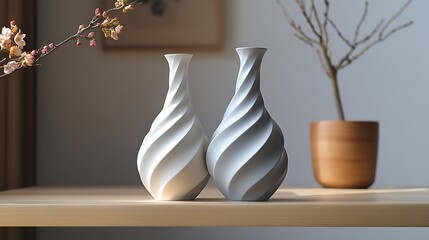 A pair of spiral vases—one in light gray, the other in off-white—intertwined slightly and set on a floating shelf in a Japanese-style minimalist room with tatami and wood accents.