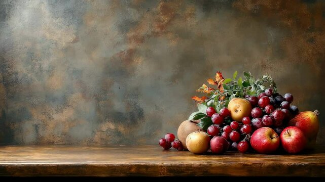 Rustic Still Life with Apples, Pears, and Grapes on Wooden Table
