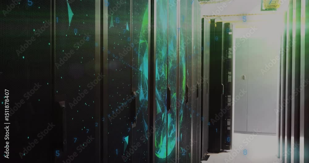 Poster after server boot data visualization emerging and pulsing on cabinet doors showing network activity