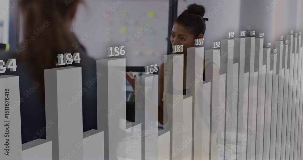 Aufkleber on live data updating office analyst demonstrating 3d bar chart overlay shifts for meeting analysis