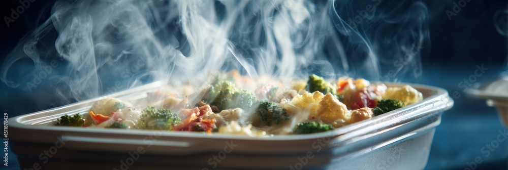 Poster steam rises from heated frozen dinner with vegetables and meat, creating an inviting aroma, ready fo