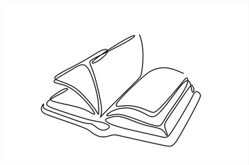 One line drawing of opened book isolated on white background, Continuous one line drawing of opened book. Book outline vector illustration. Editable stroke, Education, idea, school concept single.