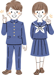 人差し指を立てて説明する制服姿の男女の学生のイラスト　全身