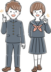 人差し指を立てて説明する制服姿の男女の学生のイラスト　全身