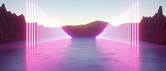 Surreal Neon Landscape with Mountains and Light Beams in a Vaporwave Aesthetic