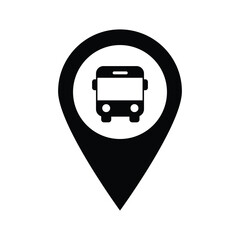 Black location pin icon with a bus symbol in the center, representing public transportation or a bus stop. Ideal for travel, map interfaces, navigation apps, and urban mobility concepts.