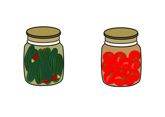 Bright illustration of pickled cucumbers and tomatoes in glass jars. Suitable for packaging design, culinary blogs, recipes, menus, posters