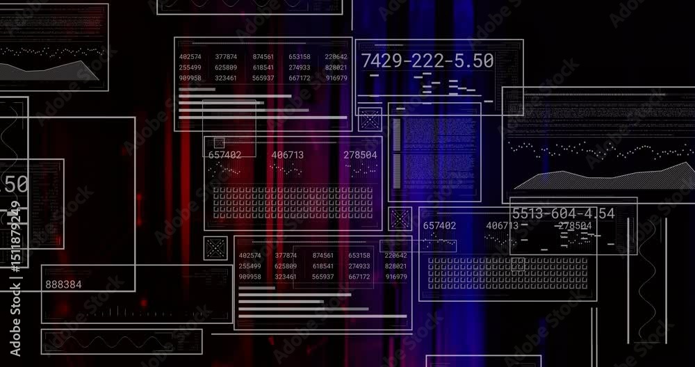 Poster white-outlined panels appearing over backdrop populating charts fading while visualizing data flow