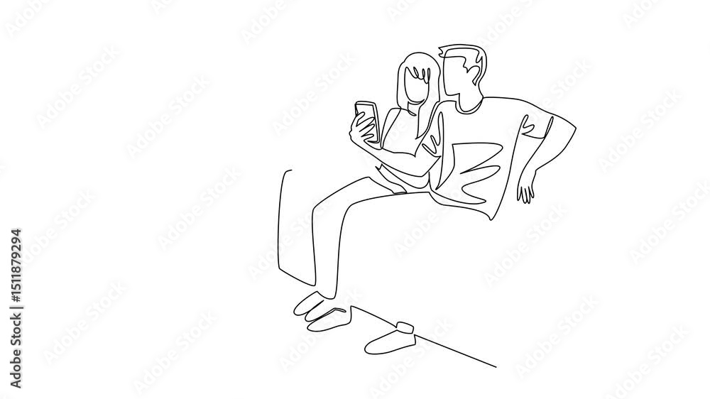 Aufkleber animated self drawing of continuous one line drawing man and woman sitting on sofa looking at smartp