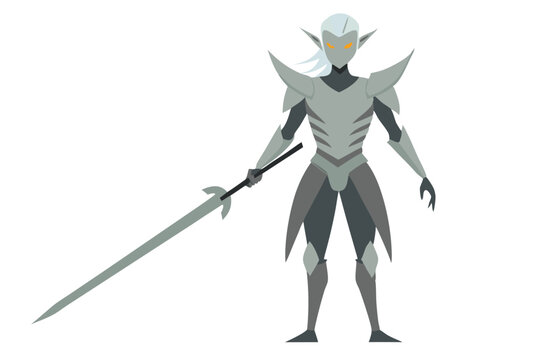 Fantasy elf bimana with silver armor and long sword in magical scene vector art illustration