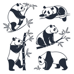 cute panda icon set isolated on white background.