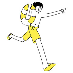 Outline flat illustration of a boy doing summer activities such as relaxing and swimming
