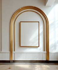 Empty gold-framed picture on white wall with arches