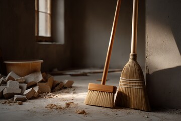 Broom and Mop Set Resting Against a Wall in a Construction Area