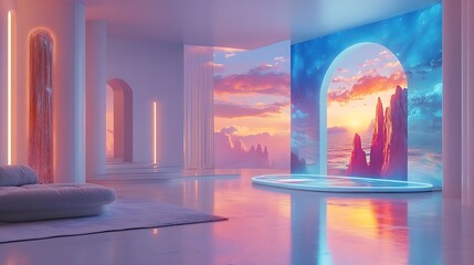 A minimalist interior with a holographic display hub projecting a 3D gaming world in mid-air, colorful terrain floating above device, player using motion gestures to navigate.