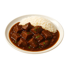 Savoury beef stew with rice ona  white plate

