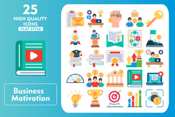 Business Motivation Flat Icon Set. Incleded Icons Corporate Identity, Books, Tutorials, Online Course, Creativity, Trophy, Target, Growth. Vector Icons Collection