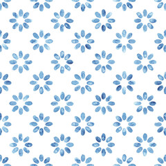 Seamless watercolor floral pattern with small blue flowers on white background. Soft hand-painted botanical design.