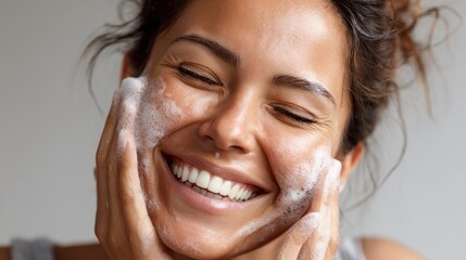A cheerful woman smiles as she applies a foamy facial cleanser to her face. She enjoys her skincare routine, enjoying the refreshing sensation in a well-lit bathroom