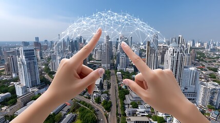 Hands Select Virtual Network Connections Over Modern City Skyline at Daytime