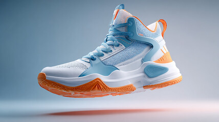 Modern Basketball Shoe with Blue and Orange Accents Floating in Mid Air Showcasing Design and Technology for Athletic Performance and Style Perfect for Sports and Fitness Marketing