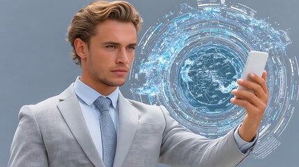 Businessman Using Smartphone with Digital Interface and Data Visualization Overlay