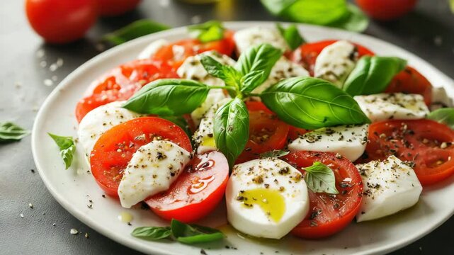 Classic Caprese salad made with fresh mozzarella, ripe tomatoes, basil leaves, and olive oil on a white plate.