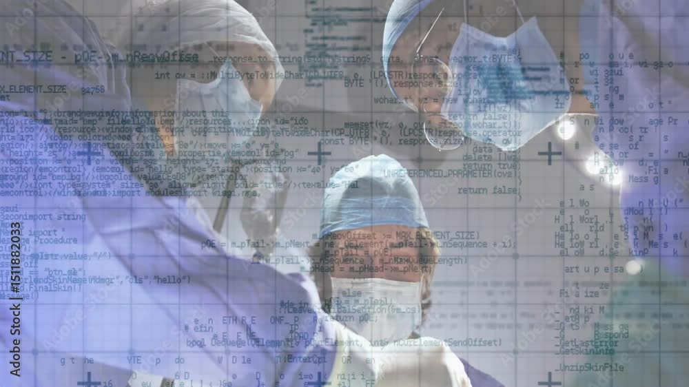 Poster surgeons adjusting masks under or lights, code overlay shifting while sampling tissue for analysis