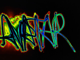 Glowing avatar inscription. On a black background, a word in English is handwritten with colored neon lines. It glows yellow and red along the edges, and there is a halo around the image.
