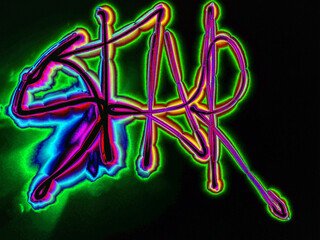 Glowing inscription STAR. On a black background, a word in English is handwritten with colored neon lines. It glows blue-green along the edges, and there is a halo around the image.