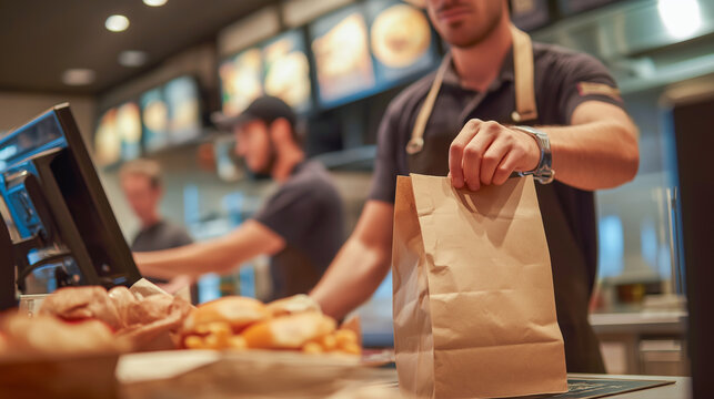 Employee hands bag to customer