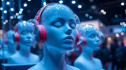 A stylish digital product booth at a tech expo showcasing the Soundproof Head Halo on rotating mannequin heads, noise cancellation bubbles animated in the air above each.