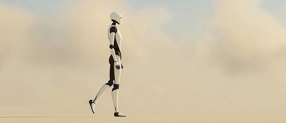 Futuristic Android Silhouette Walking Amidst Serene and Dreamlike Horizon