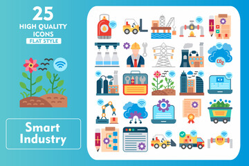 Smart industry Flat Icon Set. Incleded Icons Gas Tank, Forklift, Oil Platform, Gas Pipeline, Report, Bottling, Engineer, Transmission Tower. Vector Icons Collection