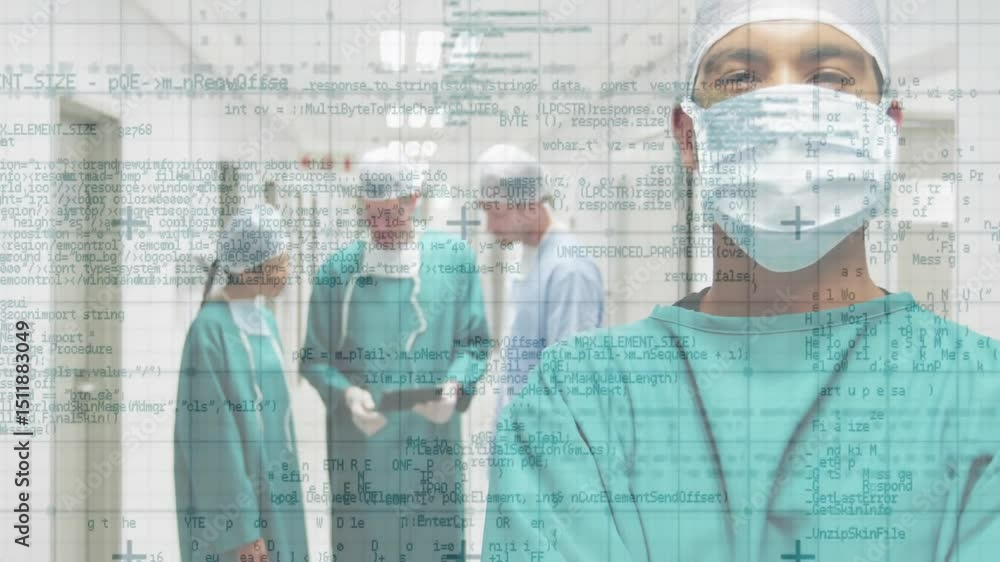 Poster surgeon moving forward while colleagues analyzing medical data with translucent code overlay