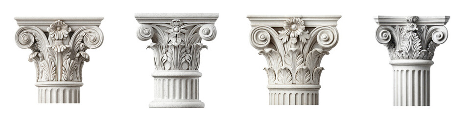 Obraz premium Classic architectural columns showcasing intricate details and elegant designs in a stunning array of white hues, ideal for classical decor inspiration or historical architecture reference.