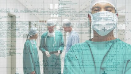 Surgeon moving forward while colleagues analyzing medical data with translucent code overlay - Powered by Adobe