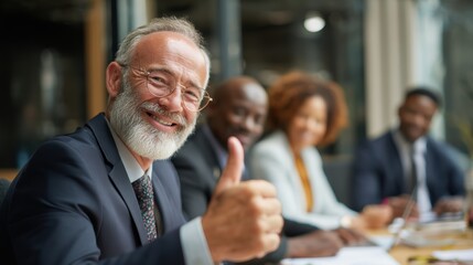 A confident businessman giving a thumbs up during a team meeting, showcasing positivity and professionalism.